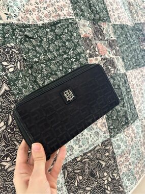 Tommy Hilfiger Black Monogram Zip-Around Wallet with Silver Logo